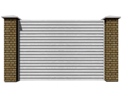 Секция из ламелей Еврожалюзи для заборов типа жалюзи цвет Printech под дерево Беленый Дуб с кирпичными столбами анфас